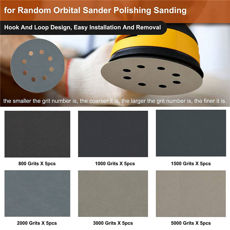 90Pcs 5-Inch Sanding Disc Sets, Hook&Loop 5-Inch 8-Hole Combination (800/1000/1500/2000/3000/5000) Sandpaper