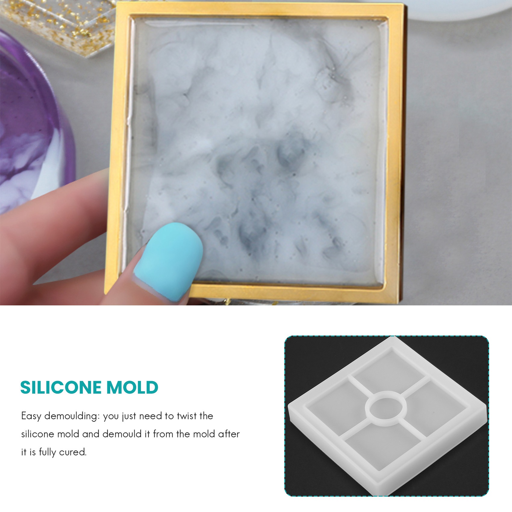 Silicone Coaster Silicone Resin Mold, Clear Epoxy For Casting With Resin, Concrete, Cement And Polymer Clay (4 Pack Square )