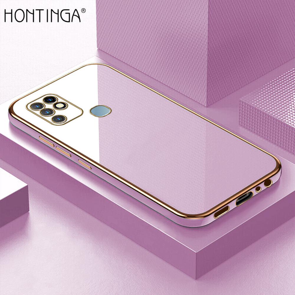 Hontinga for Infinix Hot 10 Back Cover + Free Lanyard Luxury 6D Plating Frame Shiny Bling Case Soft Silicone Square Mobile Cover. 