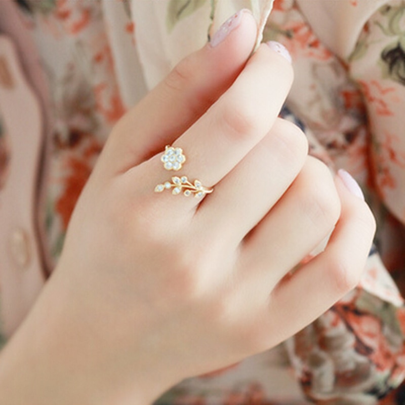 【VisioN Shop】Korean Leaves Flower Rhinestone Open Ring Rose Gold Color Finger Ring For Women Adjustable Wholesale. 