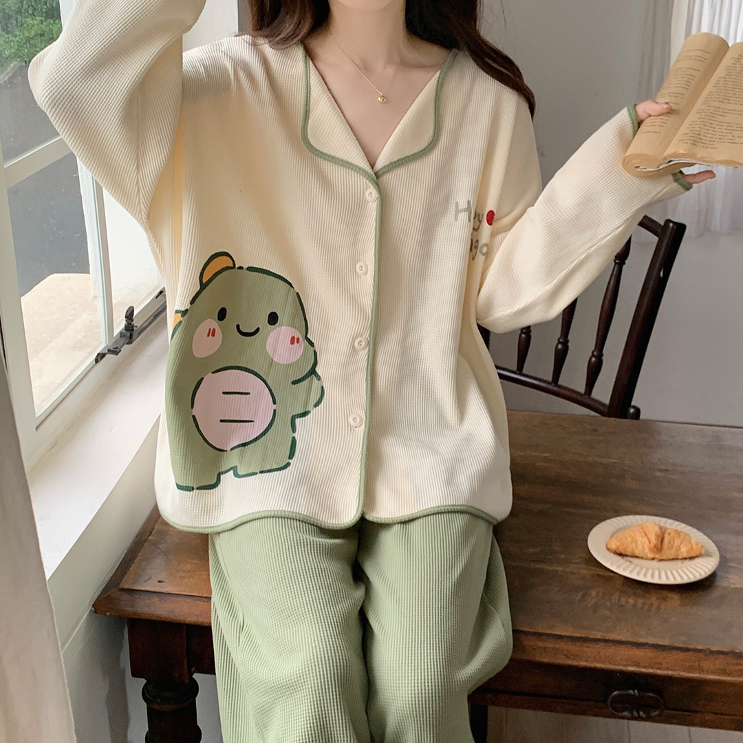 Pajamas Women's Cardigan V-Neck New Spring and Autumn Waffle Long Sleeve Ins Style Cute Ladies Kimono Loungewear Set