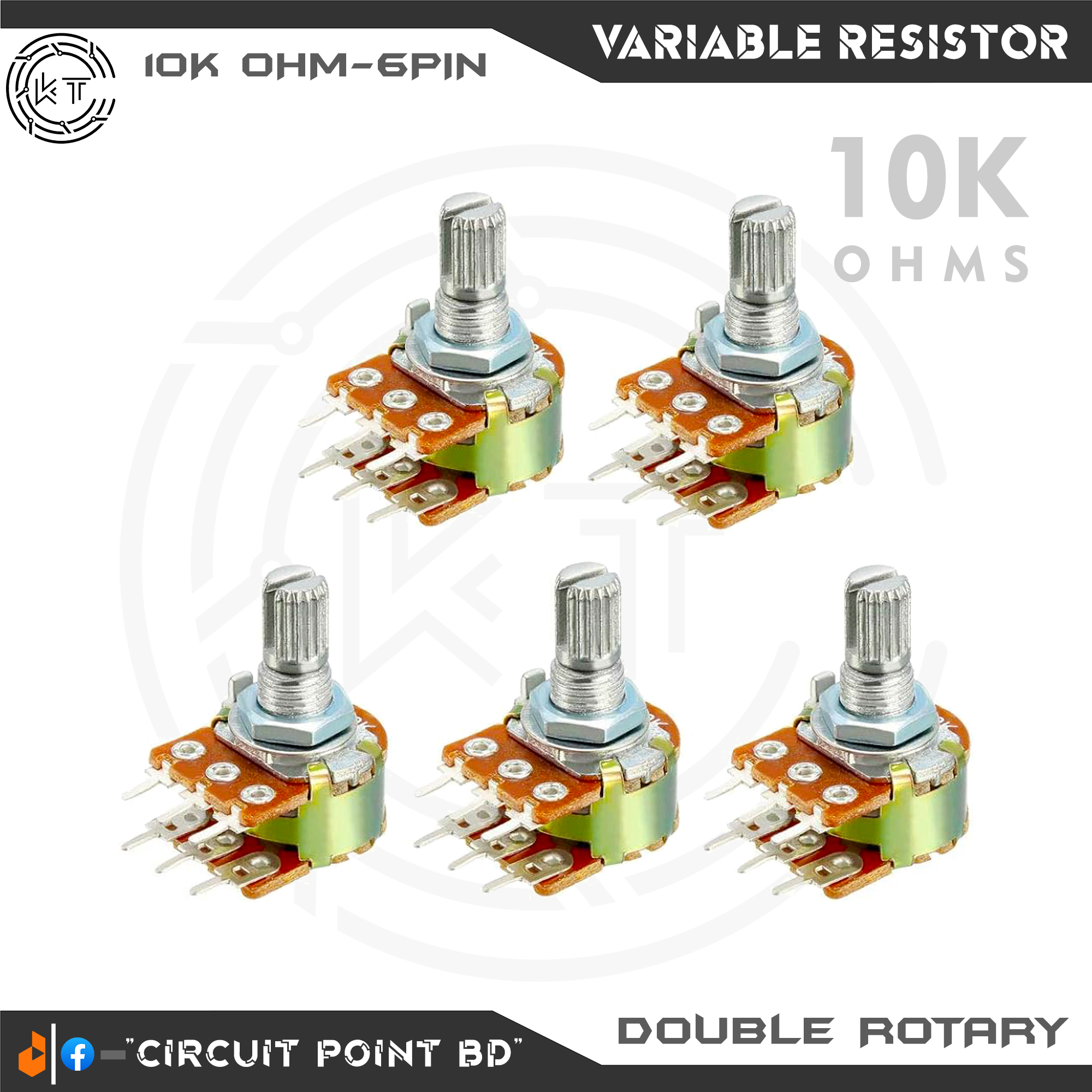 10K Ohm 2Pcs Pack Double Layer Variable Resistor / Potentiometer 6 Pin Dual Gang Linear Taper, Rotary, Adjustable Variable Resistor / Potentiometer For Electric & Electronics.. 