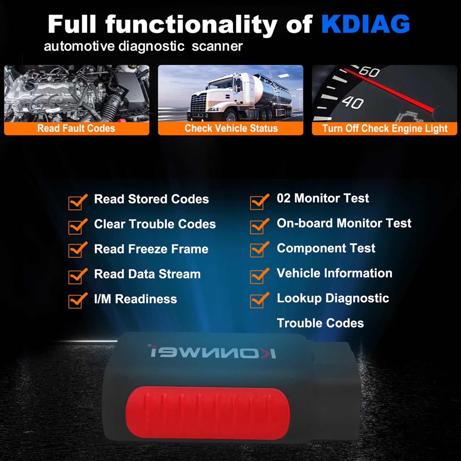KONNWEI K DIAG OBDⅡ Scanner BT Full System ABS SRS Diagnostic Tool with Reset Retrieval for ECM BCM SRS TCM BMS SAS A/C System. 
