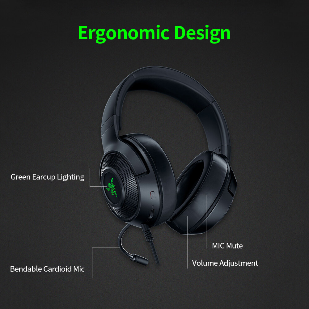 Razer Kraken X-USB Gaming Headset Earphone 7.1 Surround Sound Ultra Light Headphone Bendable Cardioid Microphone Custom-Tuned 40mm Drivers. 