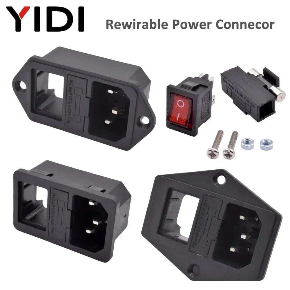 IEC320 C13 C14 AC Power Inlet Socket 10A 250V Fuse Rewirable Electrical Male Female Plug Connector with Red Lamp Rocker Switch. 