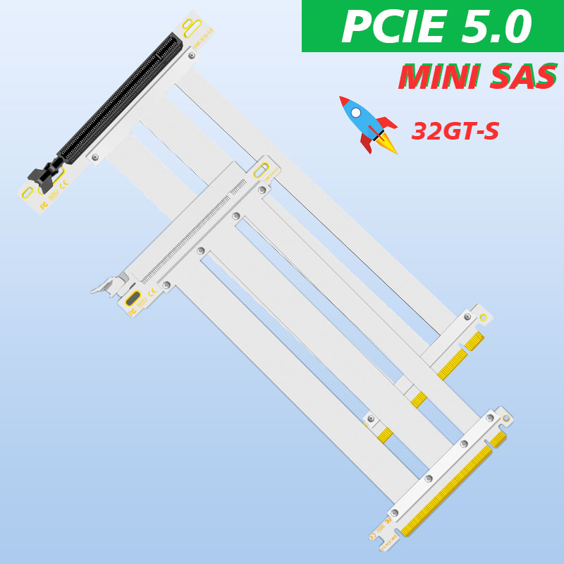 PCIe 5.0 X16 Riser Cable White [RTX4090 RX6950XT] Twinax Shielded High-Speed Vertical Mount Gaming Mini SAS PCI Express Gen5