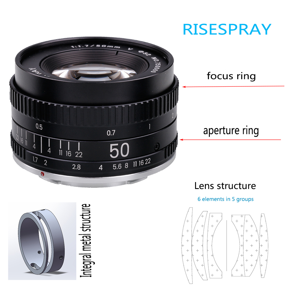 Metal RISESPRAY 50MM F1.7 Generation V Large Aperture Manual Focus Prime Full Frame Camera Lens For CANON EOS EF NIKON AI F. 