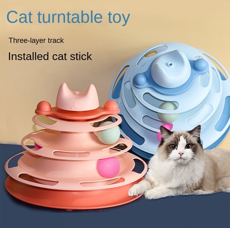 Interactive Cat Toy Ball Track 4 Levels Turntable Cat Toy Cat Circle Toy with Ball Pet Amusement Plate Track Tower