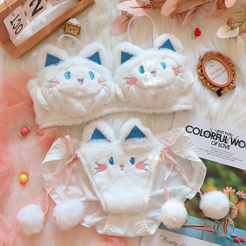 Cat fall and winter limited to cute plush underwear confortable women lingerie non-steel ring bra set to keep warm bralette. 