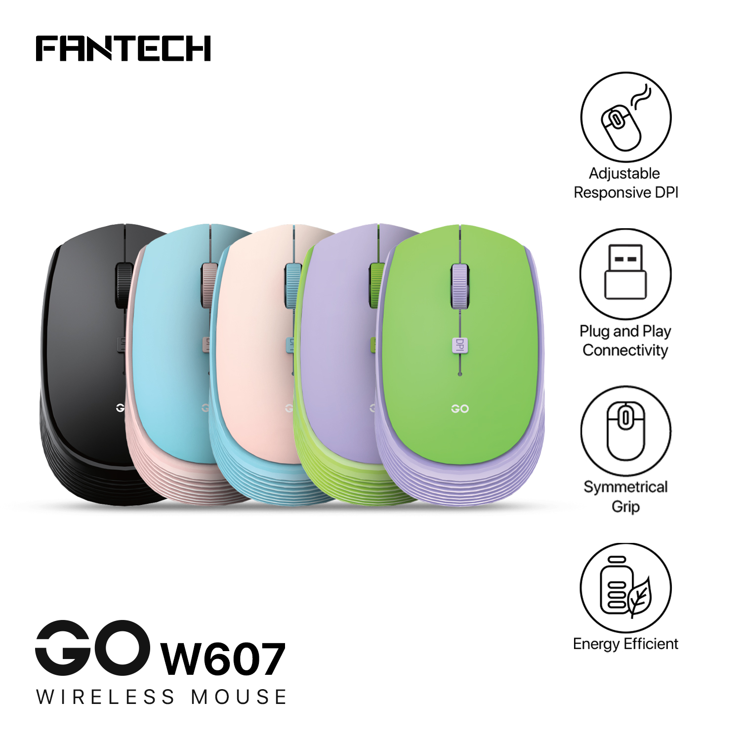 FANTECH GO W607 Wireless Mouse With 2.4GHz Wireless Connection Symmetrical Grip Adjustable DPI 1600 For Gaming Gammer Office Home AA Battery Included
