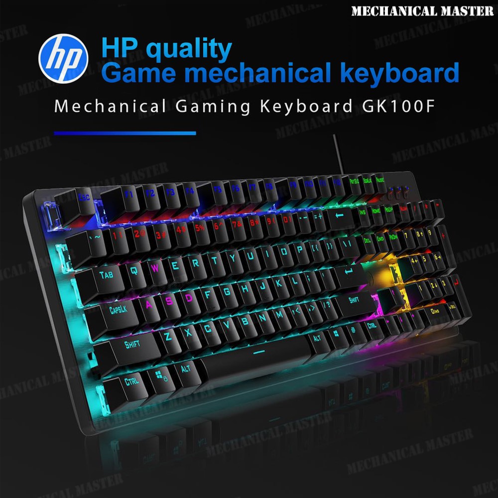 Product parameters:  Product brand: HP Product model: GK100F Keyboard type: 104 key mechanical game keyboard Connection method: USB wired Lighting effects: 20 types of lighting effects Key cap process: ABS Keyboard size: 436X129X35mm Keyboard weight: 917g
