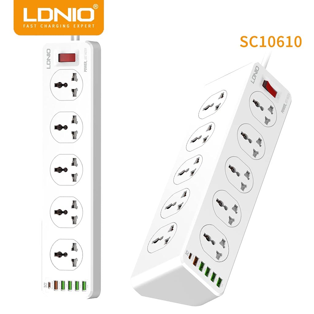 LDNIO SC10610 Extension Cord with 2500W 10 Sockets and 1 Type-C PD Plus QC3.0 Quick Charge 5 USB Ports Desktop USB Extension Home Charger with 2M EU Plug Power Cord SC10610 Socket Port Plugs