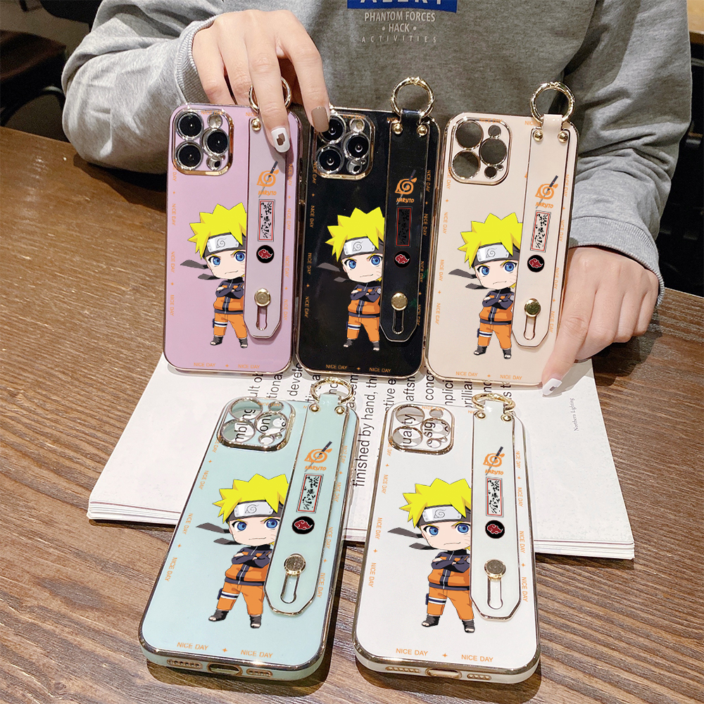 Hontinga for Realme C33 Back Cover With Wristband Luxury 6D Plating Anime Naruto Uzumaki Case Soft Silicone Square Phone Cases. 