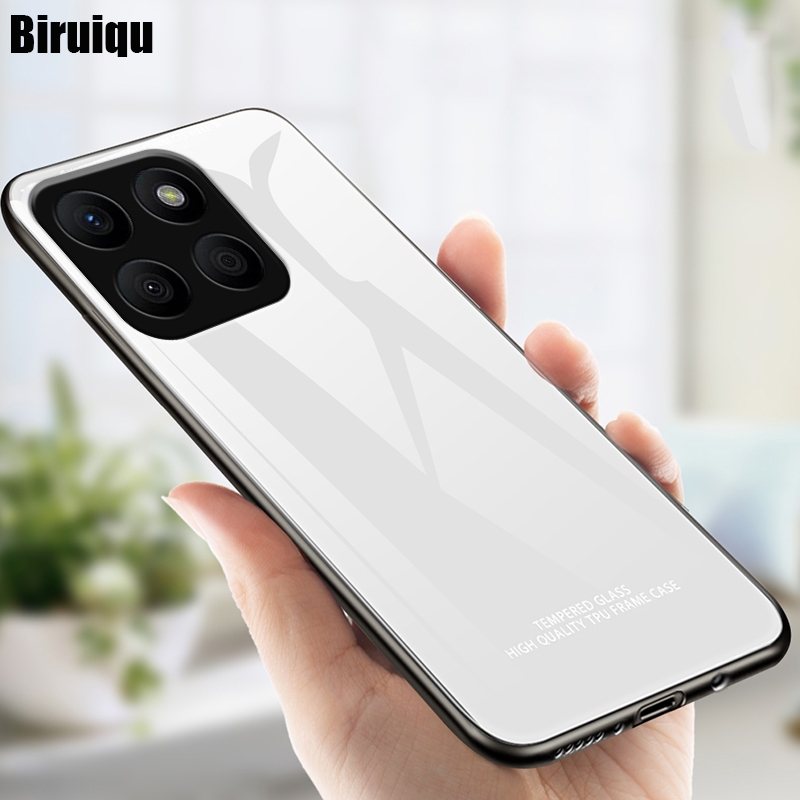 Biruiqu For Honor X8B Shockproof Tempered Glass Back Soft Silicone Edge Black Case Cover Casing