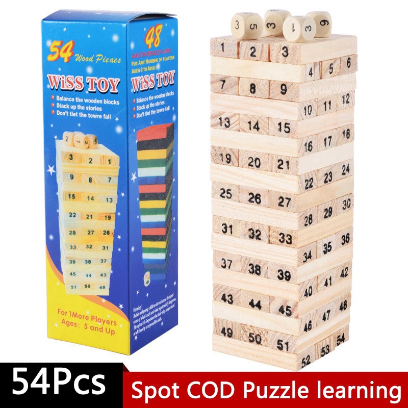 54 Pcs Mini Wooden Number Stacking Jenga Tower Building Block Kid Toys. 