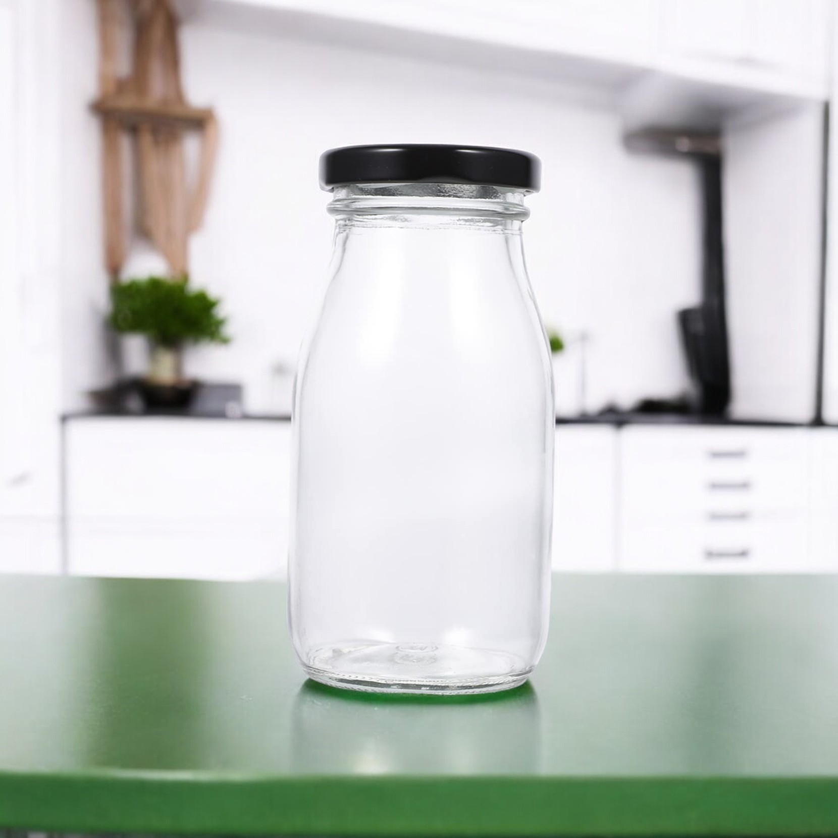 300 Ml Glass Short Height Milk Bottle with Cap, Reusable Juice Beverage Container