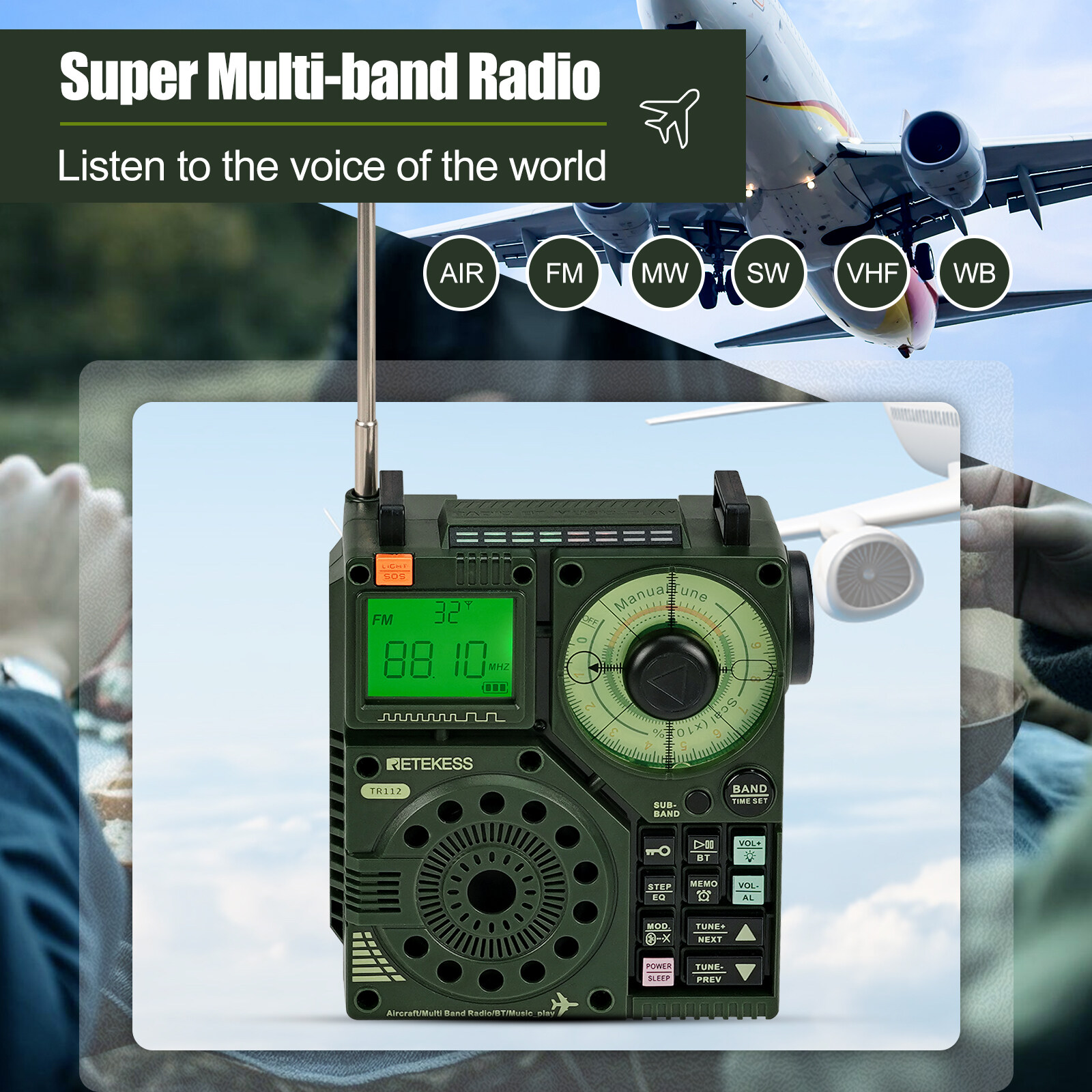 RETEKESS TR112 Portable Shortwave Radio AIR AM FM VHF SW WB Receiver Support Bluetooth APP Control DSP Digital Display Recording Rechargeable Stereo Emergency Radio for Home Outdoor. 