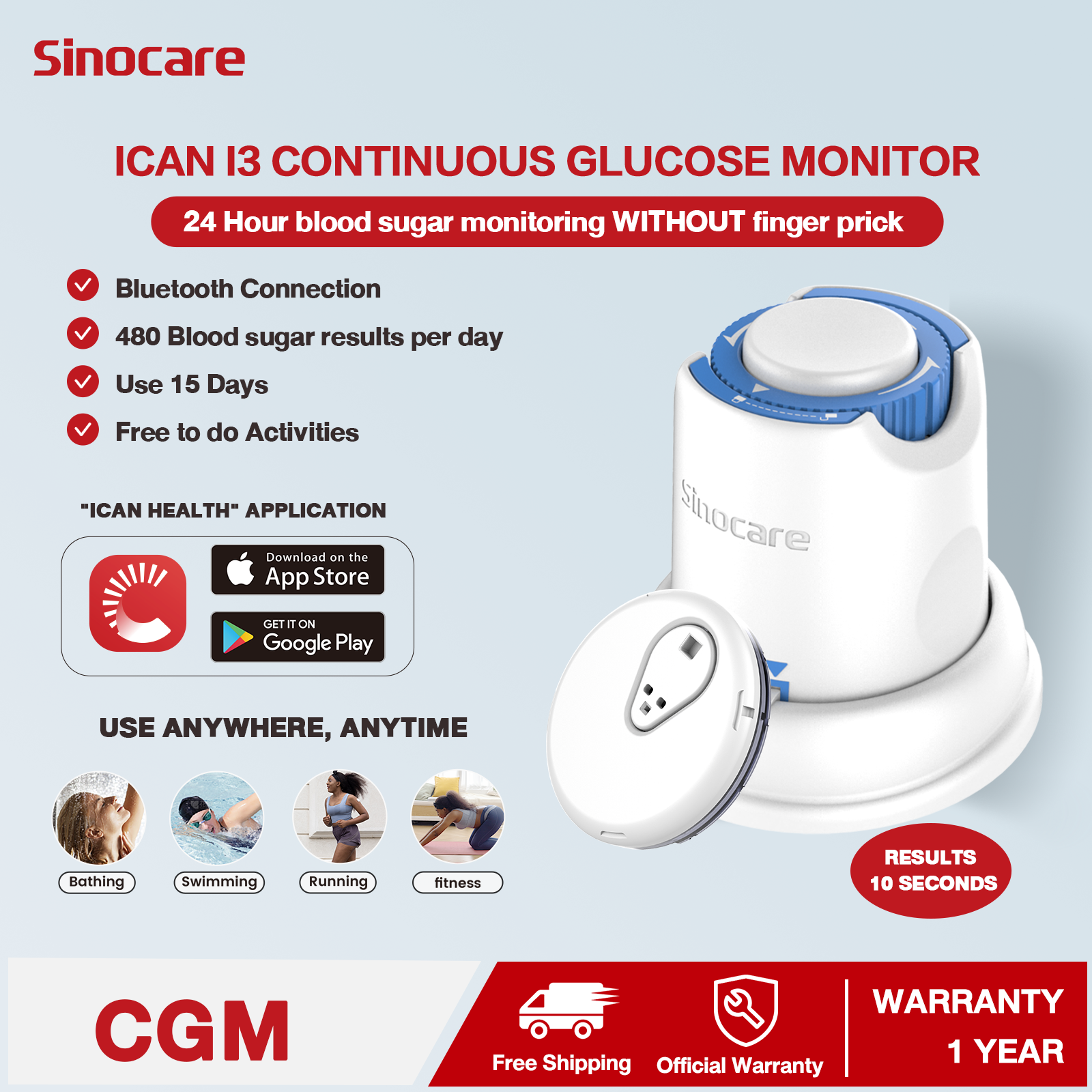 Sinocare 15 Days Continuous Glucose Monitoring System, No Scanning, Less Pain, Output Every 3 Minutes via iCan CGM APP, Blood Sugar Test Kit for Diabetes Monitoring, iCan i3 CGM (Pack of 1)