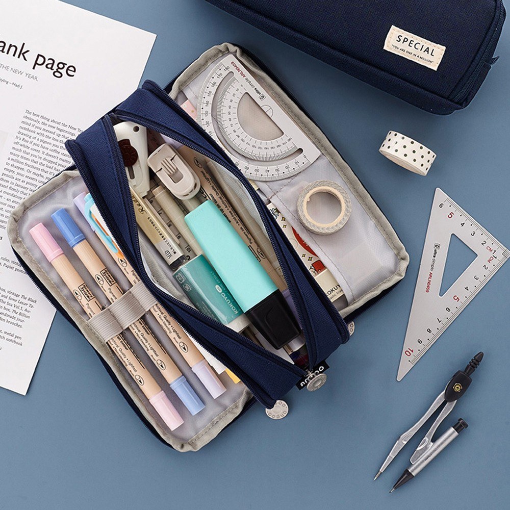 Pencil Case Large Capacity Pencil Pouch Box Stationery Zipper Pocket - blue. 