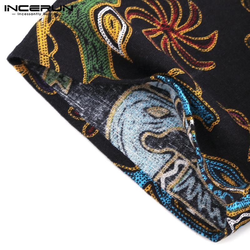 INCERUN Men's retro small V-neck short-sleeved ethnic style printed cotton and linen T-shirt. 