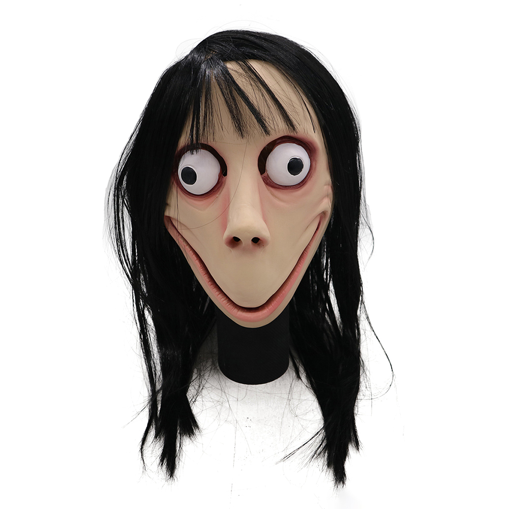 Scary Momo Mask Hacking Game Horror Latex Mask Full Head Momo Mask Big Eye With Long Wigs. 