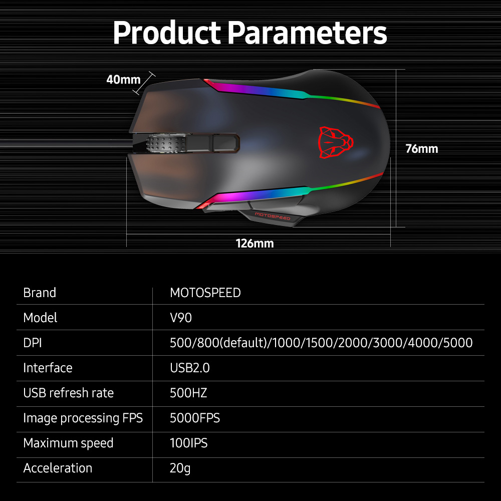 Motospeed V90 Wired Gaming Mouse RGB Backlight Ergonomic 8 Adjustable 50000 DPI Computer Office Macro Drive PMW3325 For Laptop. 
