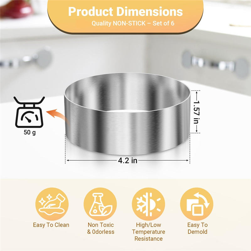 6 Pcs Hamburger Bun Rings,Burger Mold,4 Inch Large Ring Molds for Cooking, for Fried Eggs,Crumpets,Pancakes. 