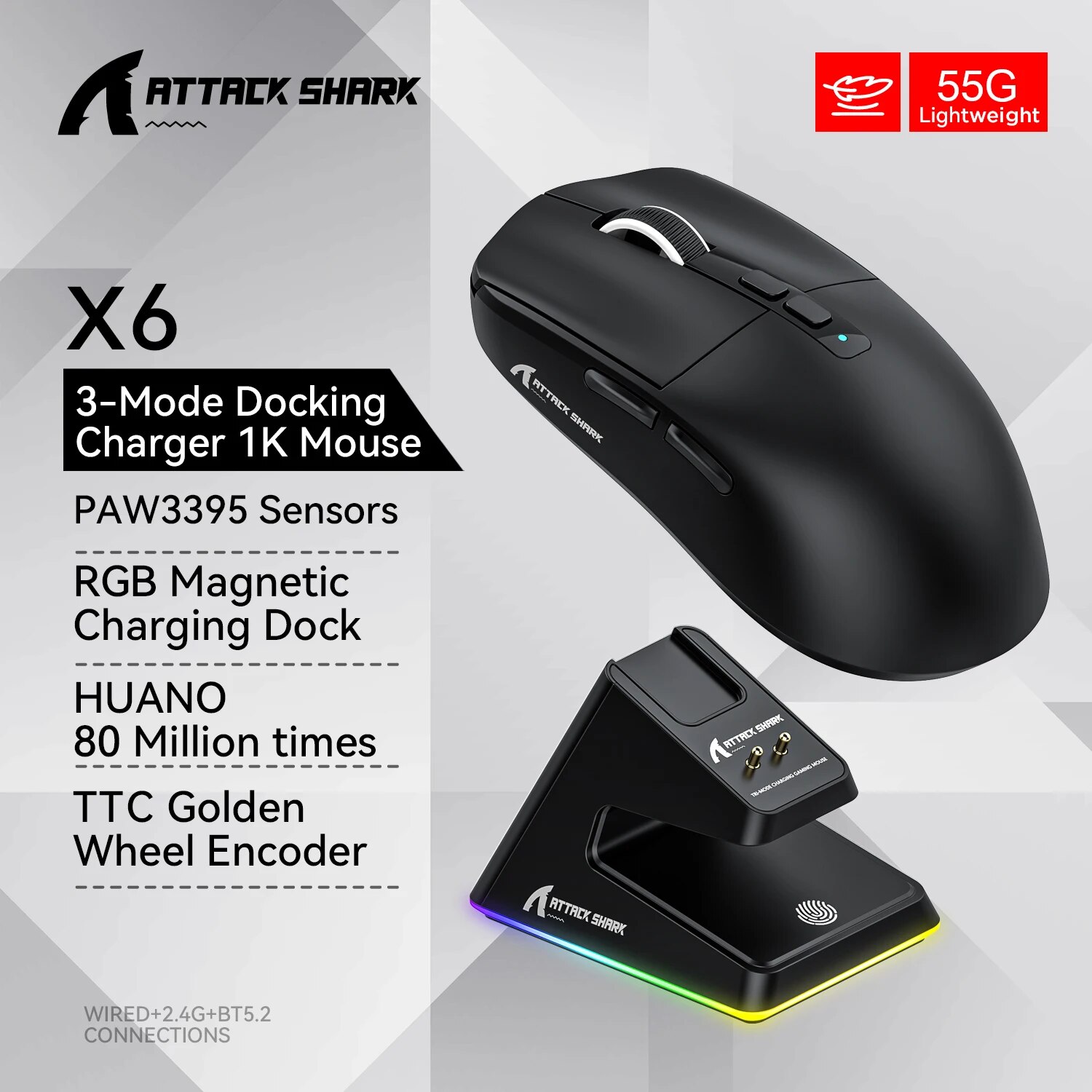 Attack Shark X6 PAW3395 Bluetooth Mouse,Tri-Mode Connection,RGB Touch Magnetic Charging Base,Macro Gaming Mouse. 