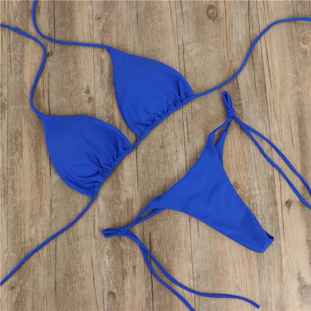 Solid Color Adjustable Backless Side Tie G-string Thong Split Bikini Set Brazlian Swimwear Swimsuit Bathing Suit. 