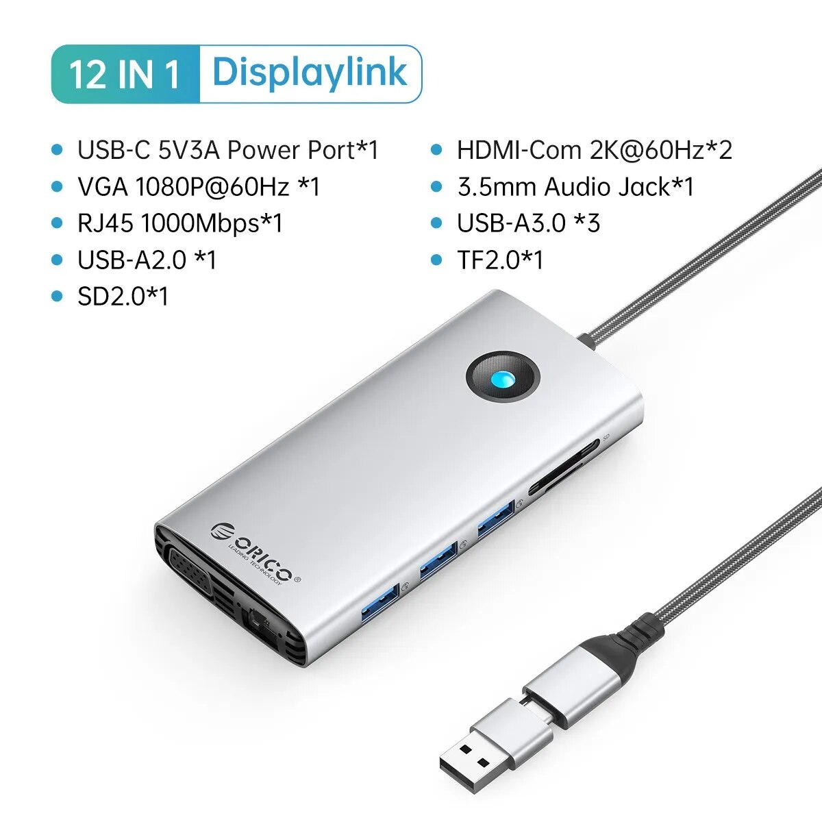 ORICO DisplayLink Docking Station Type USB C 3.0 to 4K60hz HDMI-Compatible DP PD100W SD Hub Adapter For Apple M1 M2 Windows Mac. 