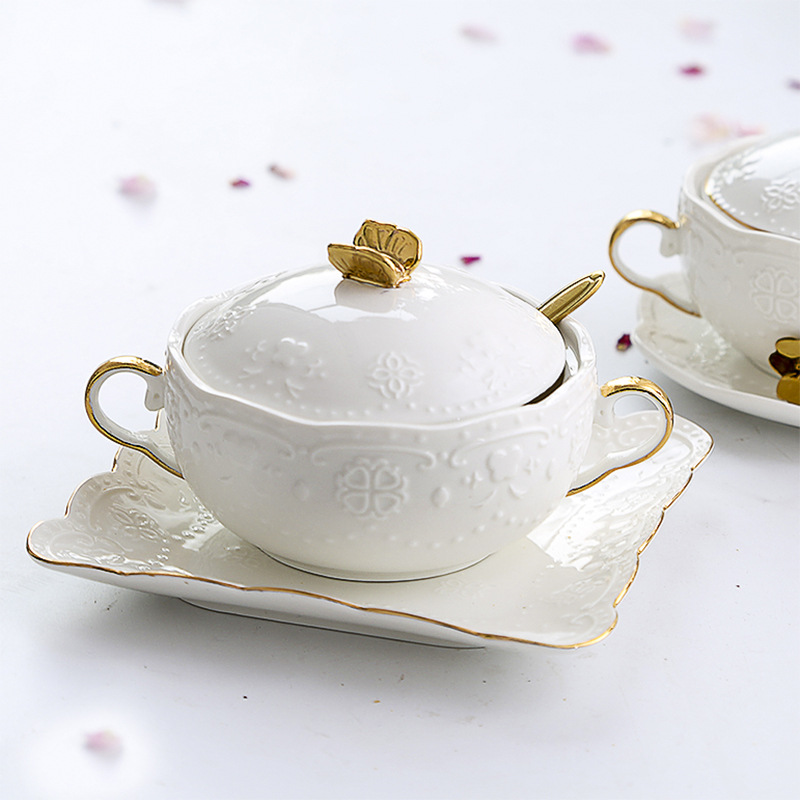 Ceramic Cubilose Bowl Dessert Bowl Double Ears with Lid Slow Cooker Tremella, a Kind of Semi-Transparent White Fungus Soup Bowl Exquisite Tureen European Porringer Tableware Zeng Wan