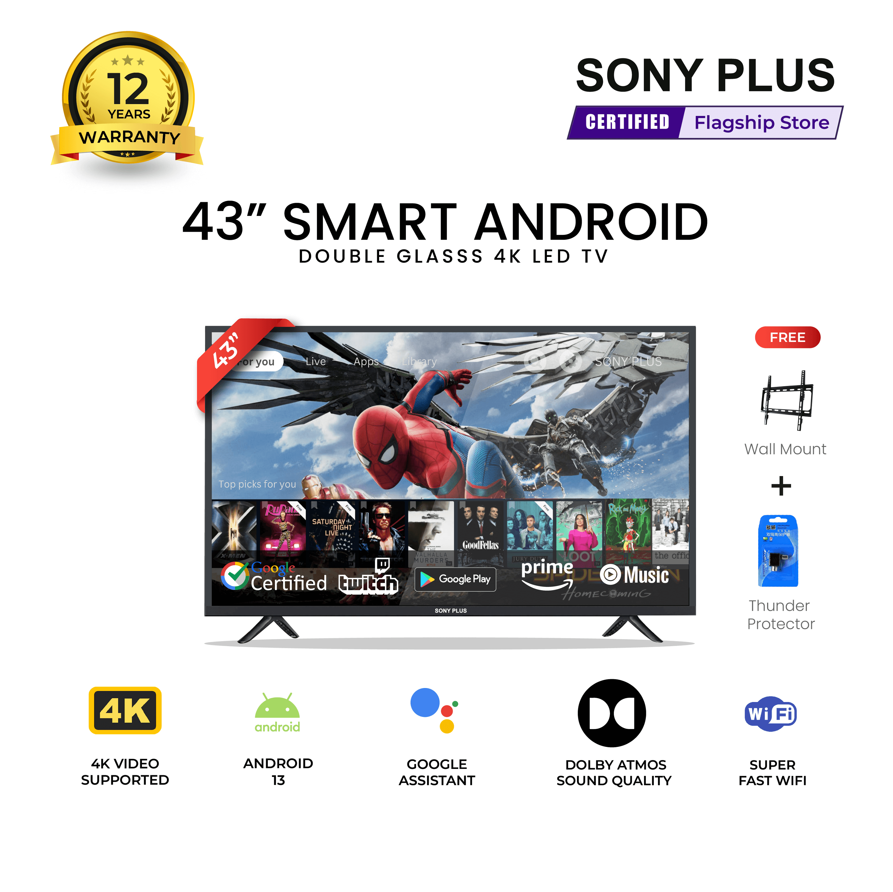 Sony Plus 43 inch Double Glass Smart LED TV Wi-Fi Full HD 4K Supported Android Television