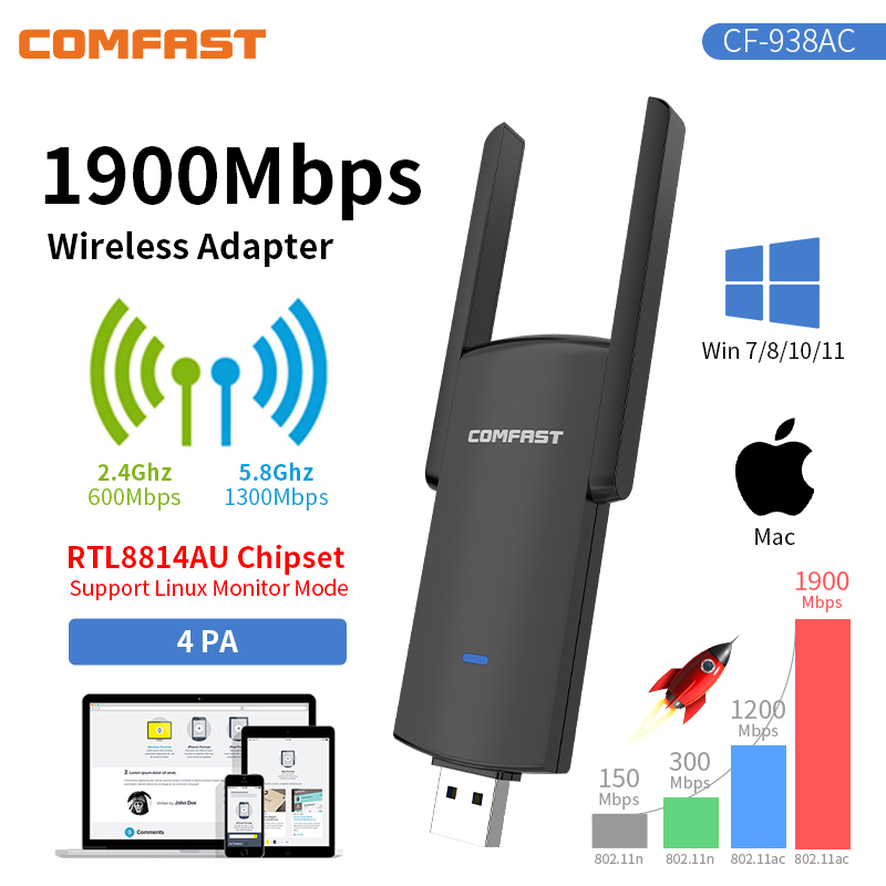 1300Mbps/1900Mbps Adaptador Wifi USB3.0 Adapter 5G 2*6dbi Antena Para PC RTL8814 Dongle Cle Network Card Win7 8 10 11 Kali Linux. 