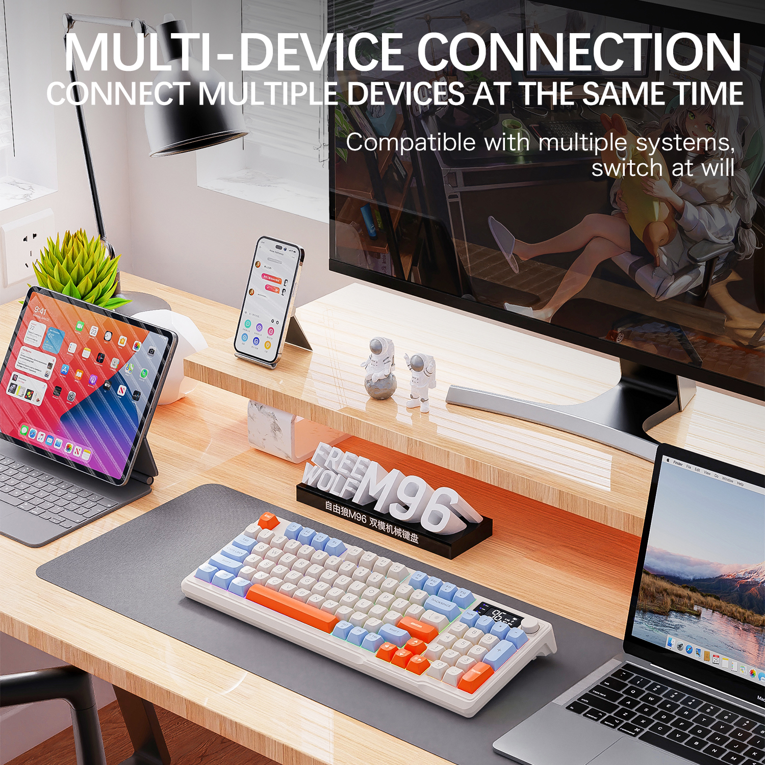 M96 Wireless Keyboard Bluetooth Free Wolf Gaming Keyboard Dual-Mode,Electronic Screen, Multi-Device Connection,Ergonomics Gaming. 