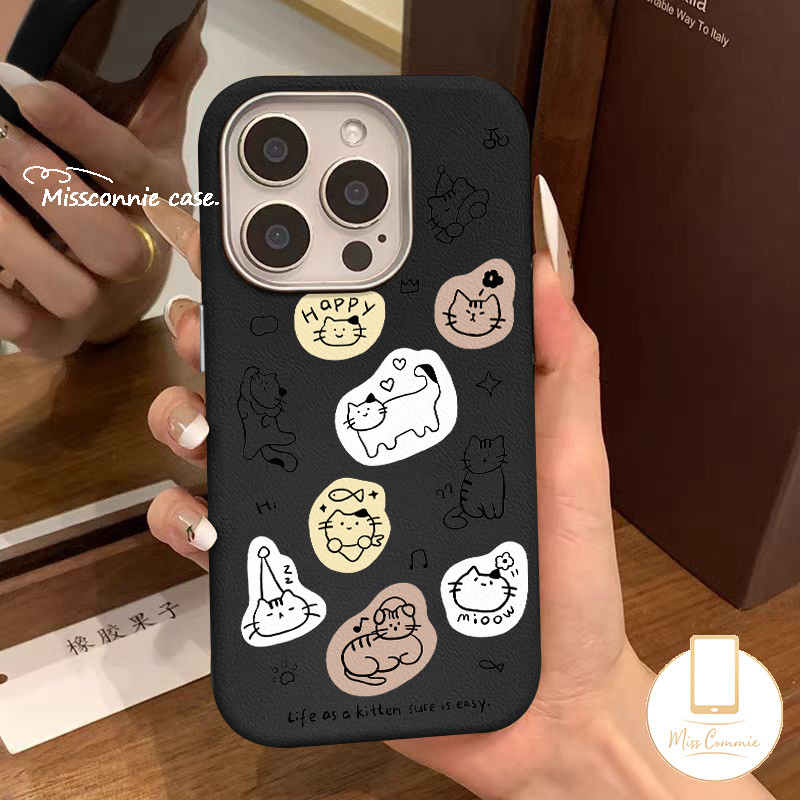 Cartoon Stick Figure Cat Kitten Lovely 3D DIY Doll Cat Case Compatible for IPhone 16 11 12 15 14 13 Pro Max XR X 15 14 16 Plus XS Max Luxury Metal Lens Frame Leather Texture Case. 
