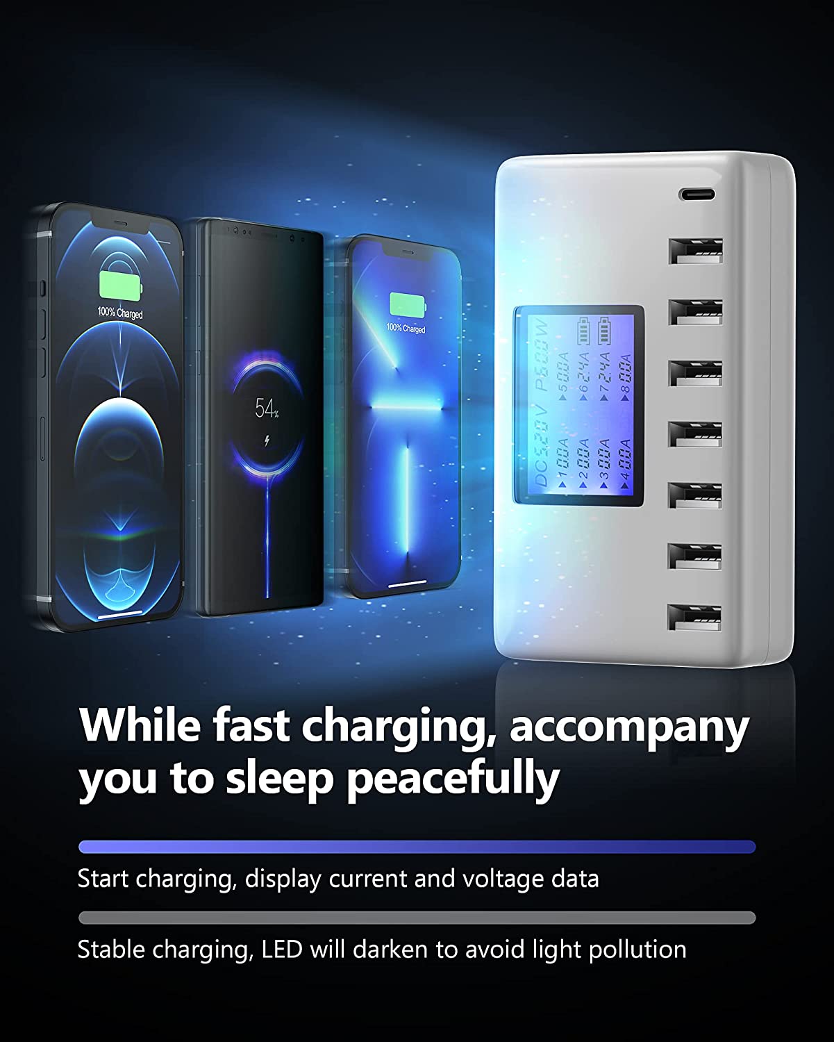 USB Charging Station, 8-Ports 60W/12A Multi Port USB C Hub Charger with LCD Display for Cellphone Tablet Multiple Devices,. 