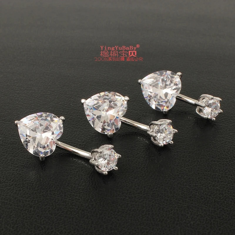 925 pure silver belly button ring real genuine silver navel ring body piercing jewelry heart stone zircon pin length 6 8 10 mm. 