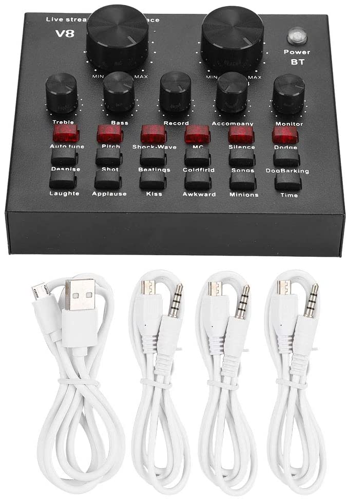 V8 Multifunctional Live Sound Card USB Audio Interface Intelligent Volume Adjustable Audio Mixer Sound Card for Record Hosting Speech. 