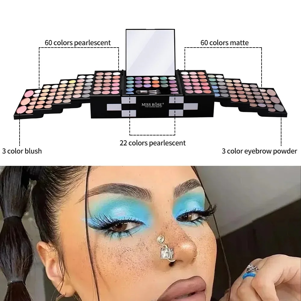 Miss Rose Makeup Case Set Kit-Ultimate Color Combination-Holiday Gift Set Cosmetic Eye Shadow Lip Gloss Blush Brow Combo Palette JokeT. 