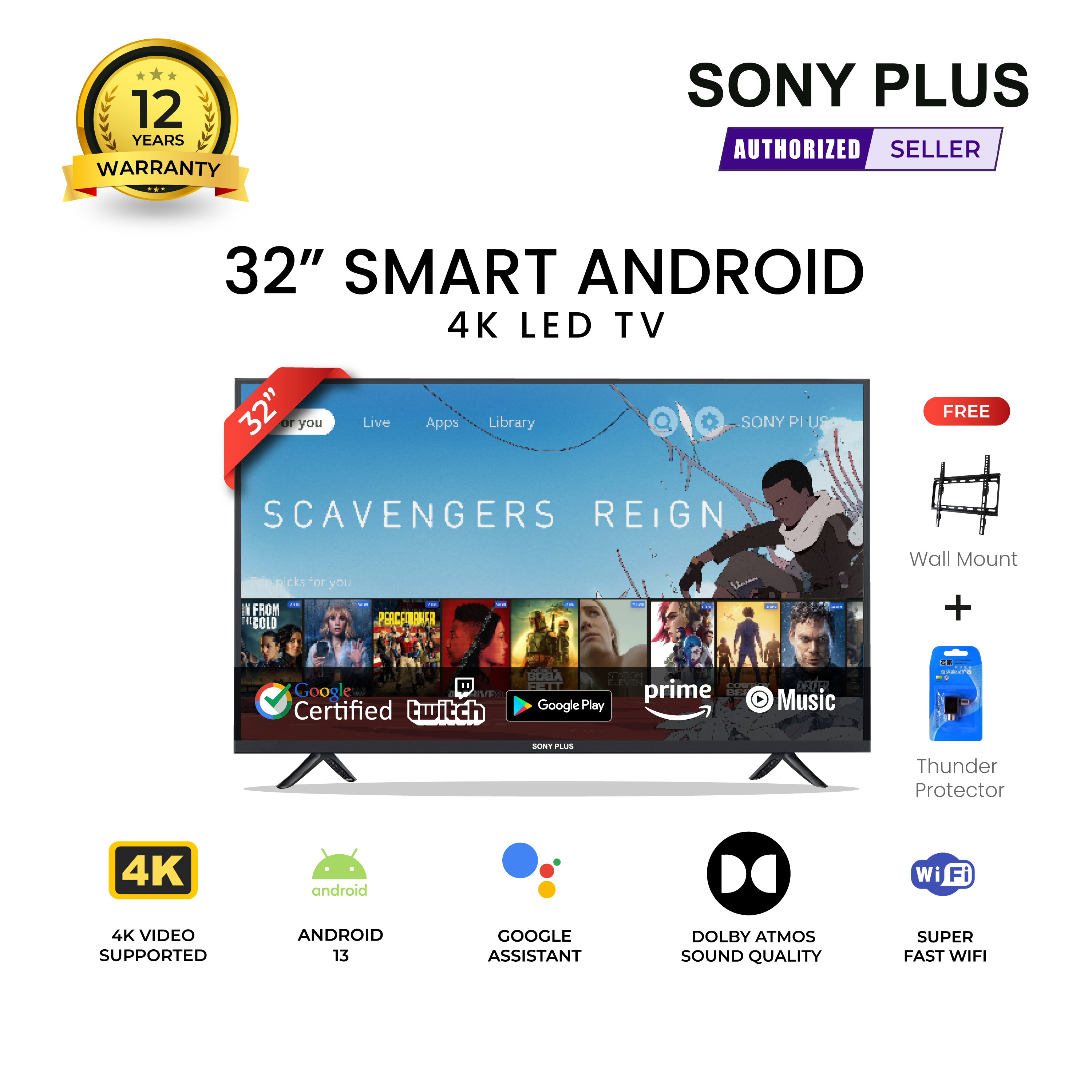 Sony Plus 32 inch Smart LED TV Wi-Fi Full HD 4K Supported Android Television