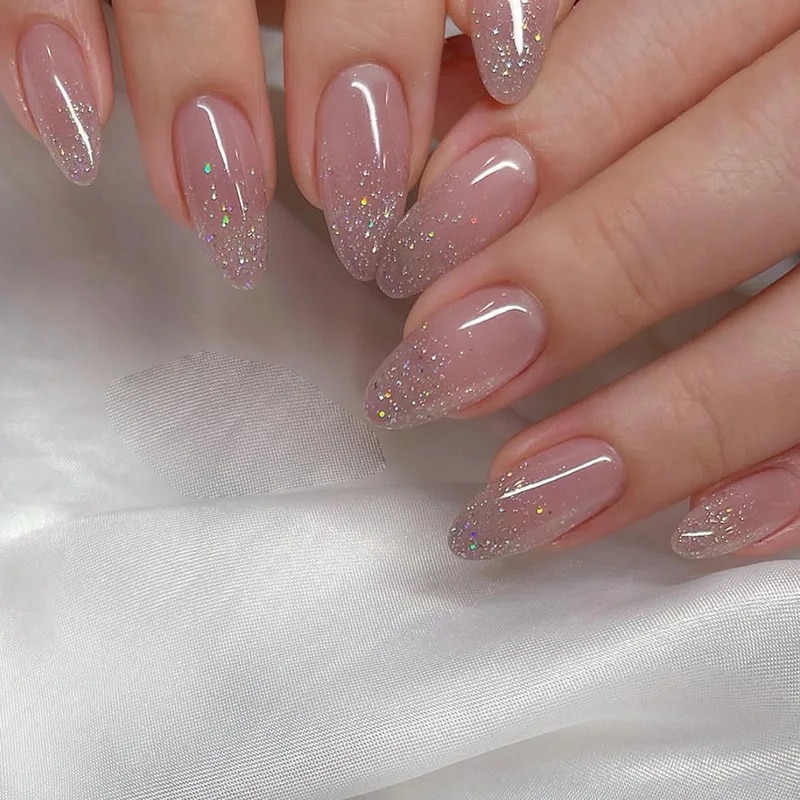 Glitter Pink Nails Press on Short French Set Sequin Cute Nail Art Reusable Nails Acrylic Full Cover Tips with Glue