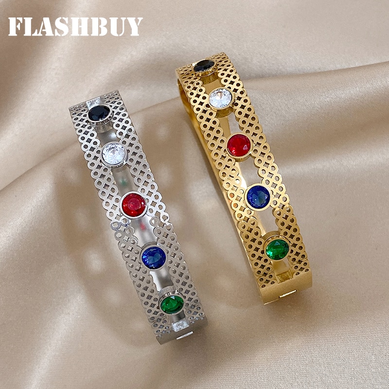 ALLYES Fashion Colored Rhinestone Zircon Stainless Steel Bangles Bracelets for Women Gold Color Waterproof Jewelry Gift. 