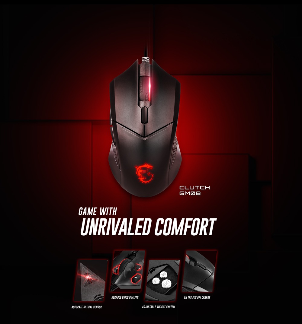 MSI Clutch GM08 Gaming Mouse, 4200 DPI, Optical Sensor, 3 Adjustable Weights, Red LED Lighting, Symmetrical Design, Black. 