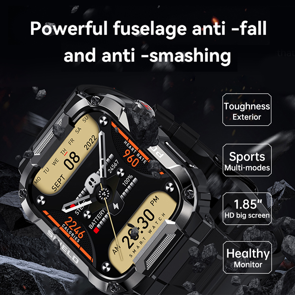 MK66 Rugged Military Smart Watch Men 400mh Large Battery Heart Rate Monitoring 1.85'' Bluetooth Call Smartwatch For APP Gloryfit. 