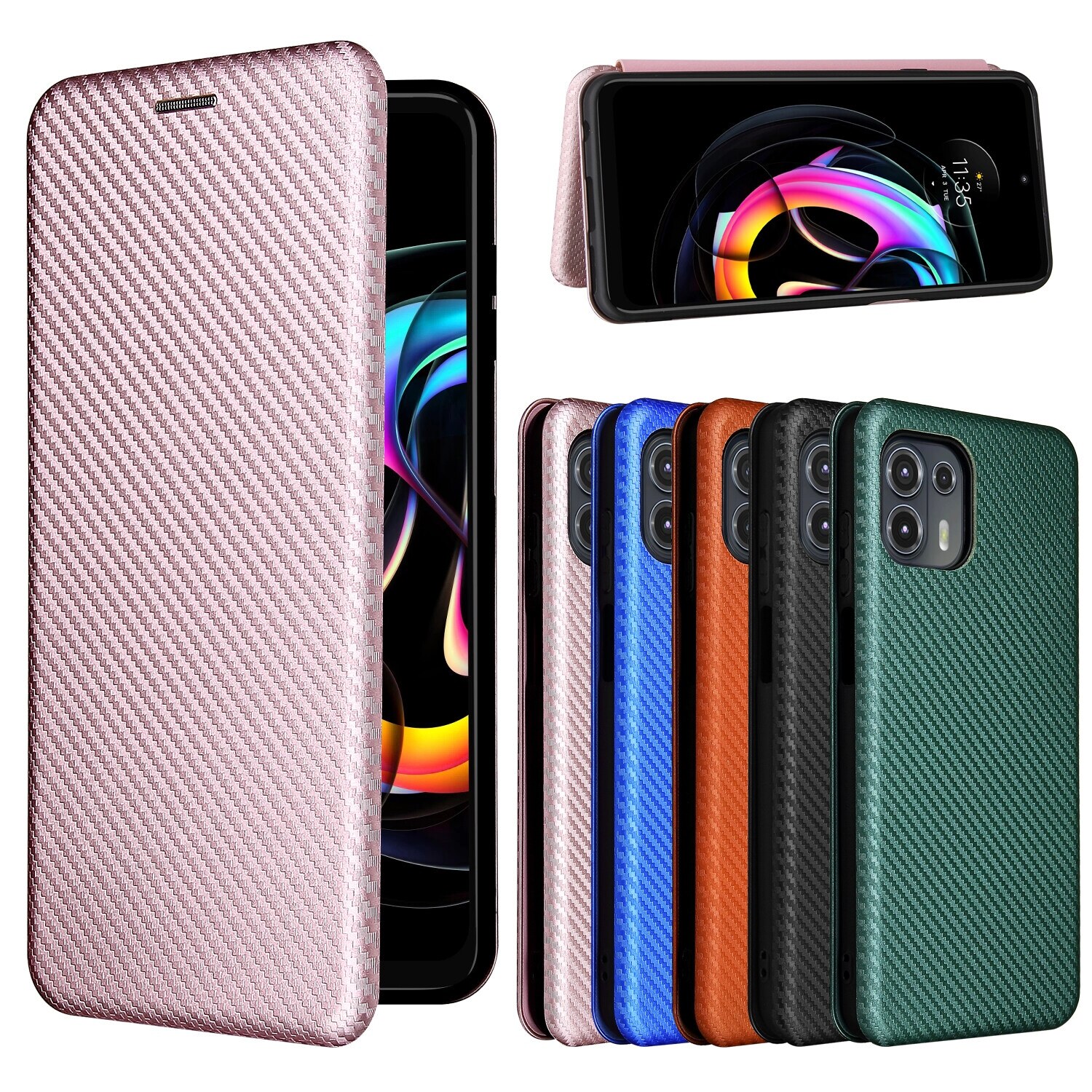 For Motorola Edge 20 Lite / Edge 20 Fusion Phone Case Carbon Fiber Card Slots Flip Cover Magnetic Closure Protection Cellphone Cases Shell. 
