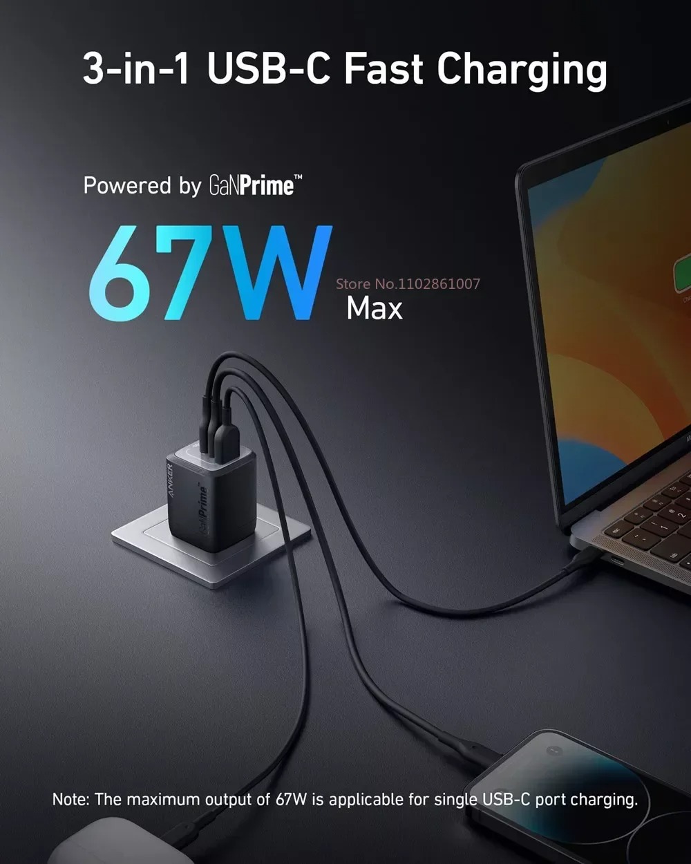Anker Prime GaN 67W A2669 Multi Port Charger USB C Compact Plug TypeC Fast Charging Suitable For MacBook Laptops Phones. 