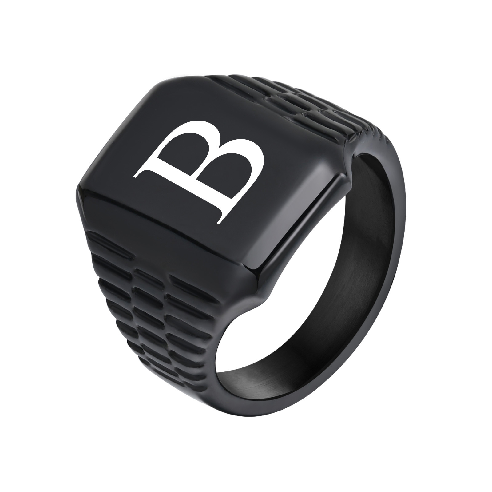 Stylish Men's Signet Initial Ring, Waterproof Black Stainless Steel Finger Ring with Personalized Custom Letter A M S to Z