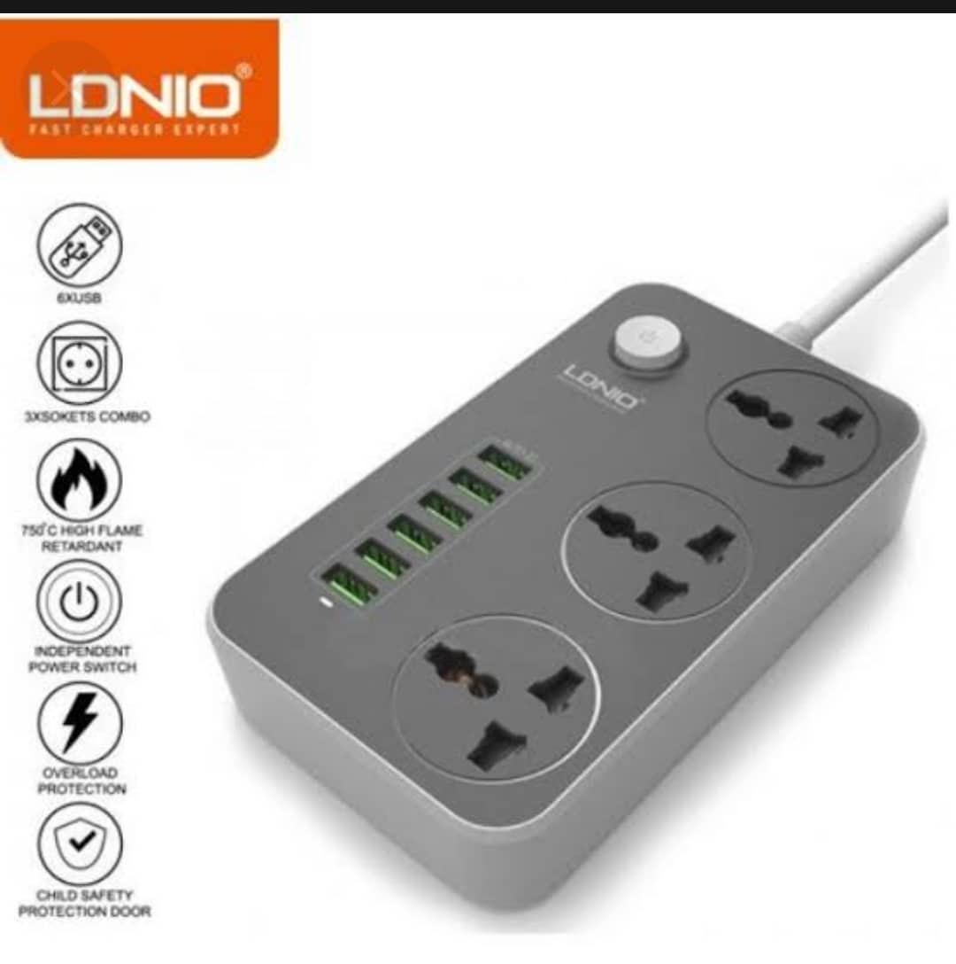 Ldino Power Strips 3 Socket with 6 USB Port For Charging - Dark Grey