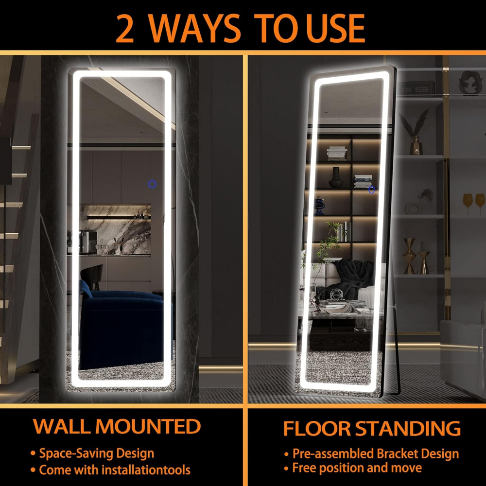 Hasipu Full Length Mirror with LED Lights, Dimming 3 Color Lighting , 56 x 16 Lighted Floor Standing. 
