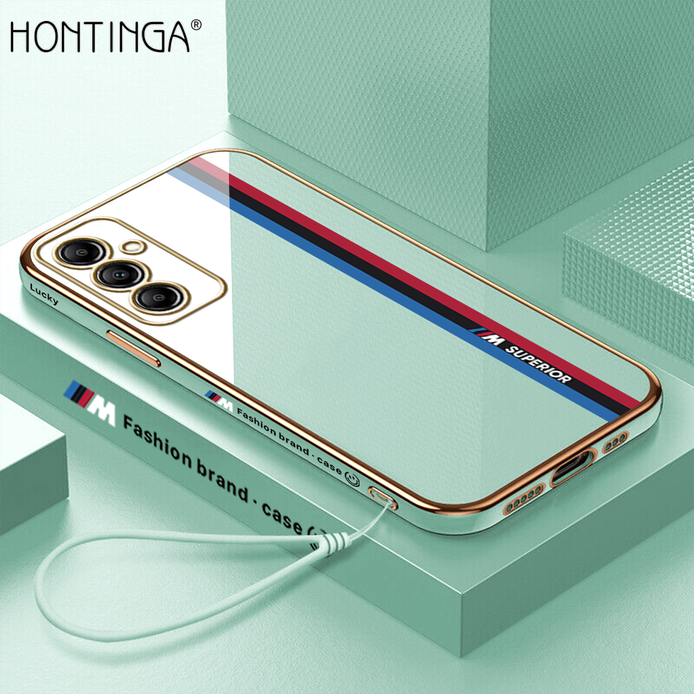 Hontinga for Samsung A14 4G / 5G Back Cover(Free Lanyard)Luxury 6D Plating Fashion Racing Side Pattern Case Soft Silicone Square Mobile Cover